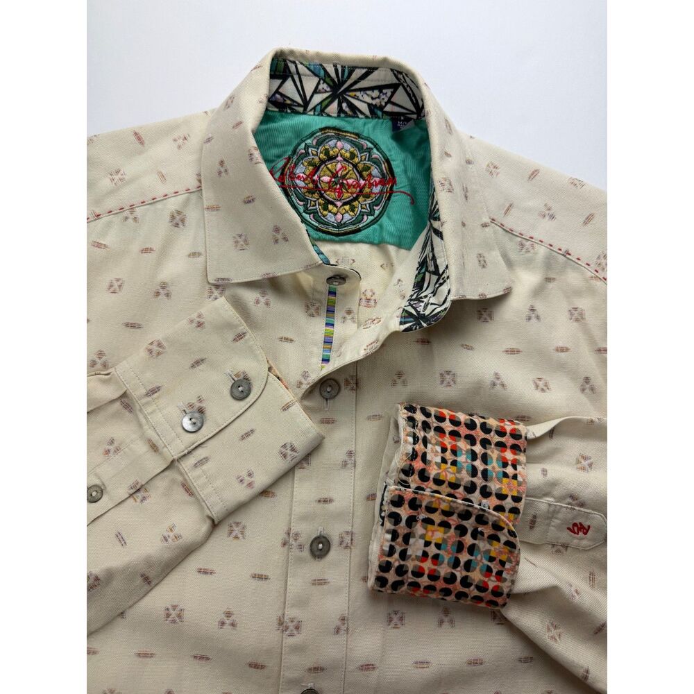 Robert Graham Shirt Mens Medium Cream Geometric Long Sleeve Button Up Dress